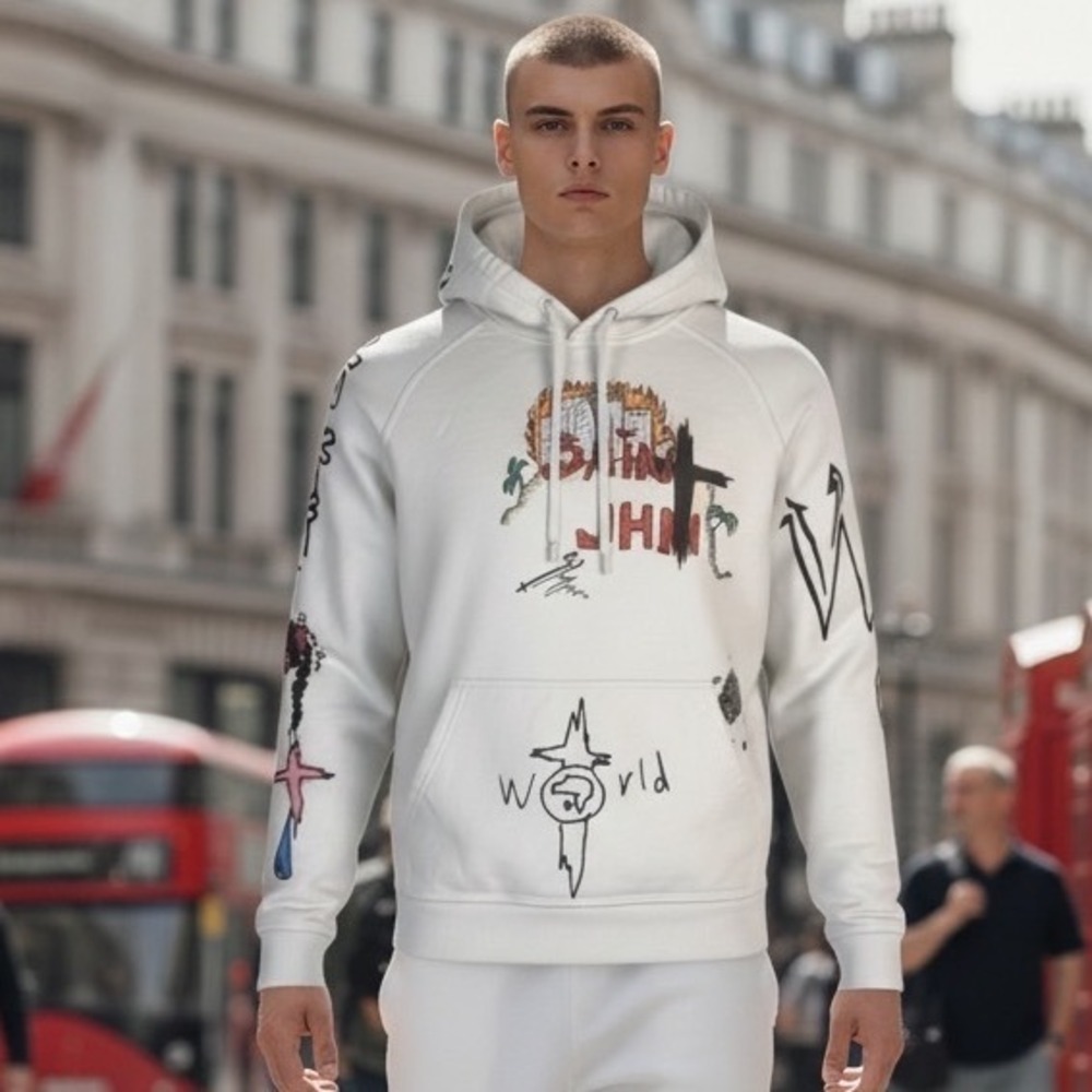 SAINT JOHN Not A Cult‎ Collection 1 Graphic Hoodie White Cream Mens Small S